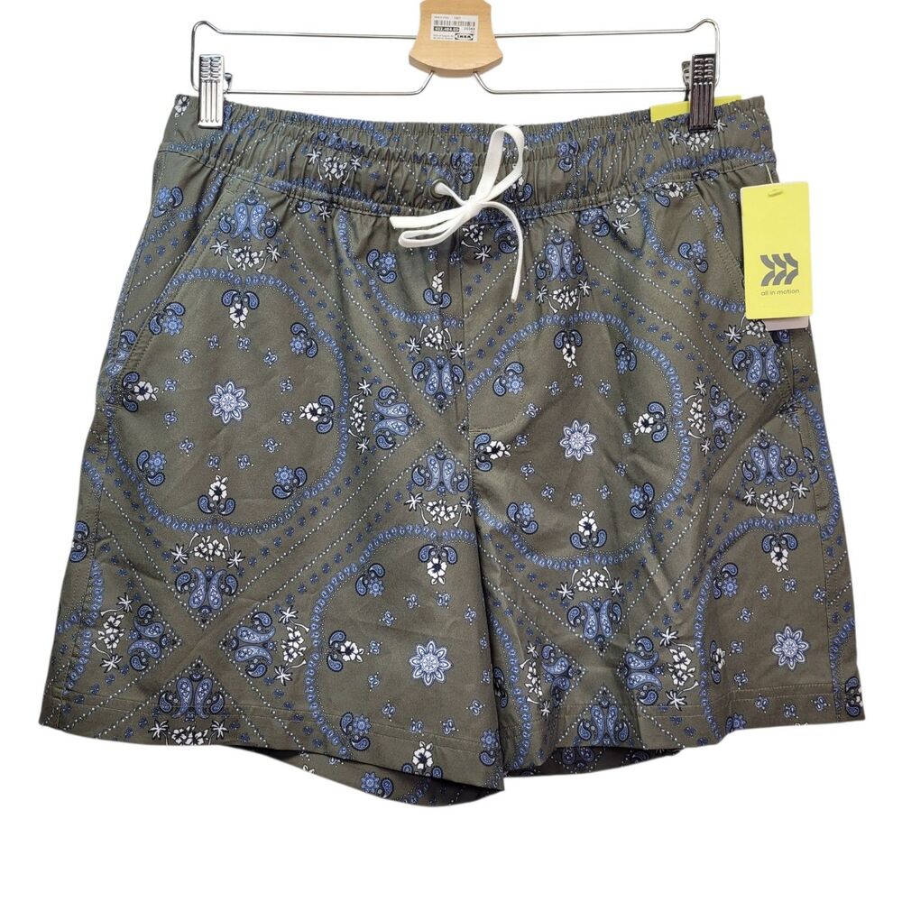 All In Motion Men Woven Hybrid Paisley Green Shorts Unlined Size Medium